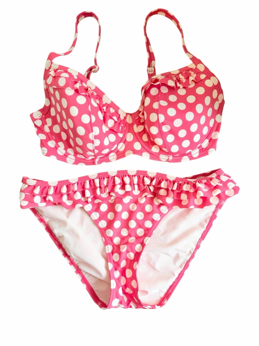 34DD Pink Polka Dot Ruffle Bikini Set Top 34DD bottom 10